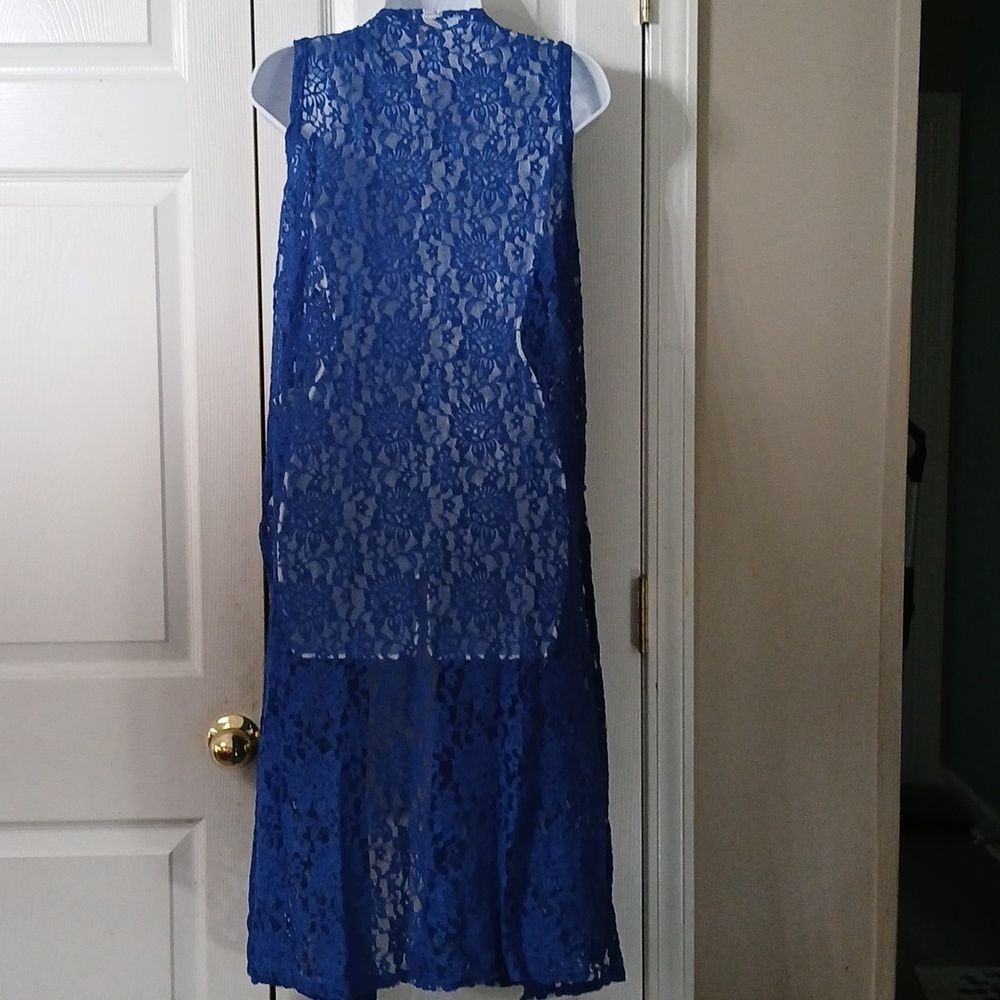LuLaRoe Joy Vibrant Royal Blue Lace Vest Duster Sz M NWT - Picture 4 of 8